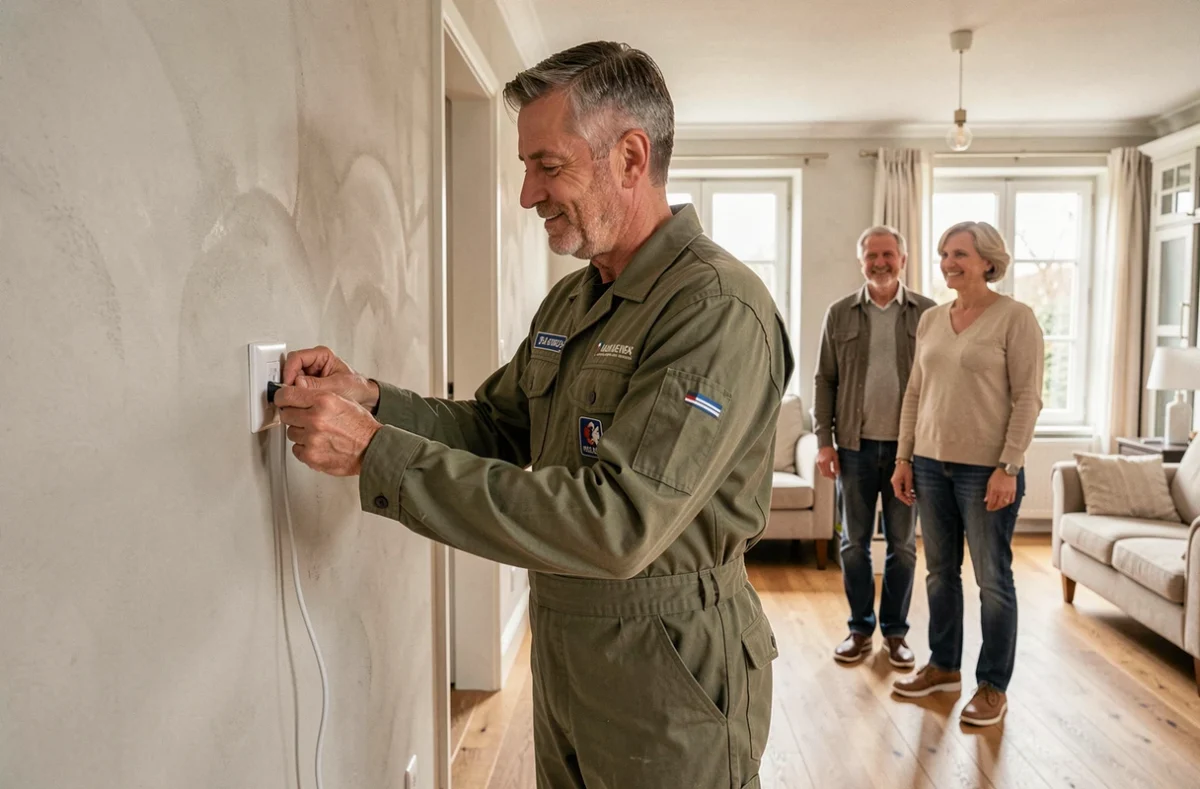 Électricien Normandie Habitat Électricité finalisant une installation dans un salon rénové avec des clients satisfaits