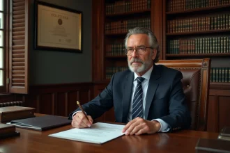 Notaire en costume sombre assis derrière un bureau en chêne avec des documents officiels dans son étude traditionnelle