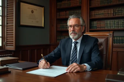Notaire en costume sombre assis derrière un bureau en chêne avec des documents officiels dans son étude traditionnelle