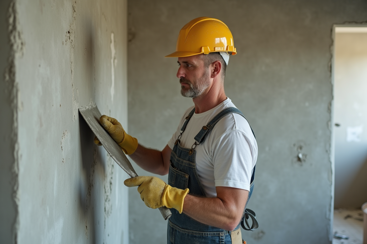 Ouvrier appliquant du plâtre sur un mur en béton intérieur