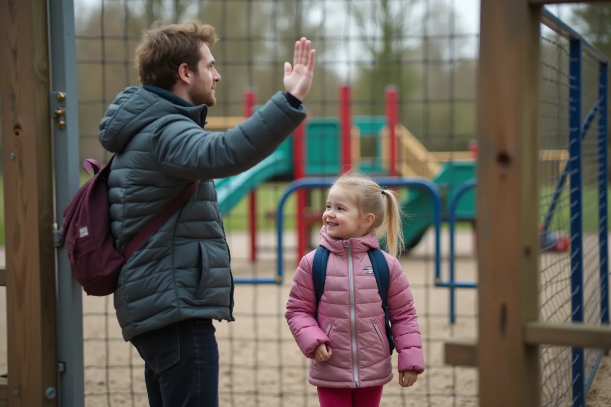 Père saluant sa fille à la sortie du terrain de jeu