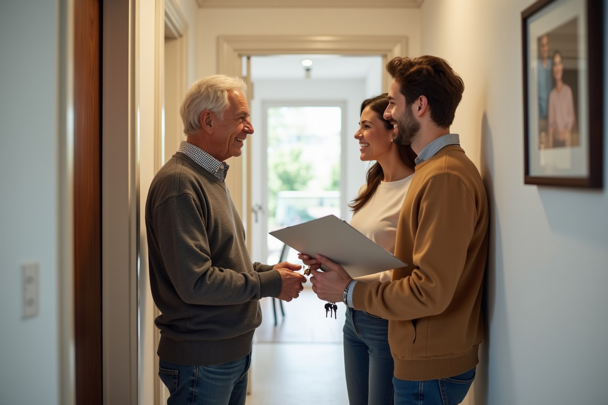 Homme donnant des clés à un couple dans un hall lumineux