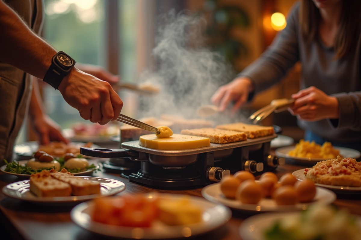 Amis partageant raclette avec mains et plats