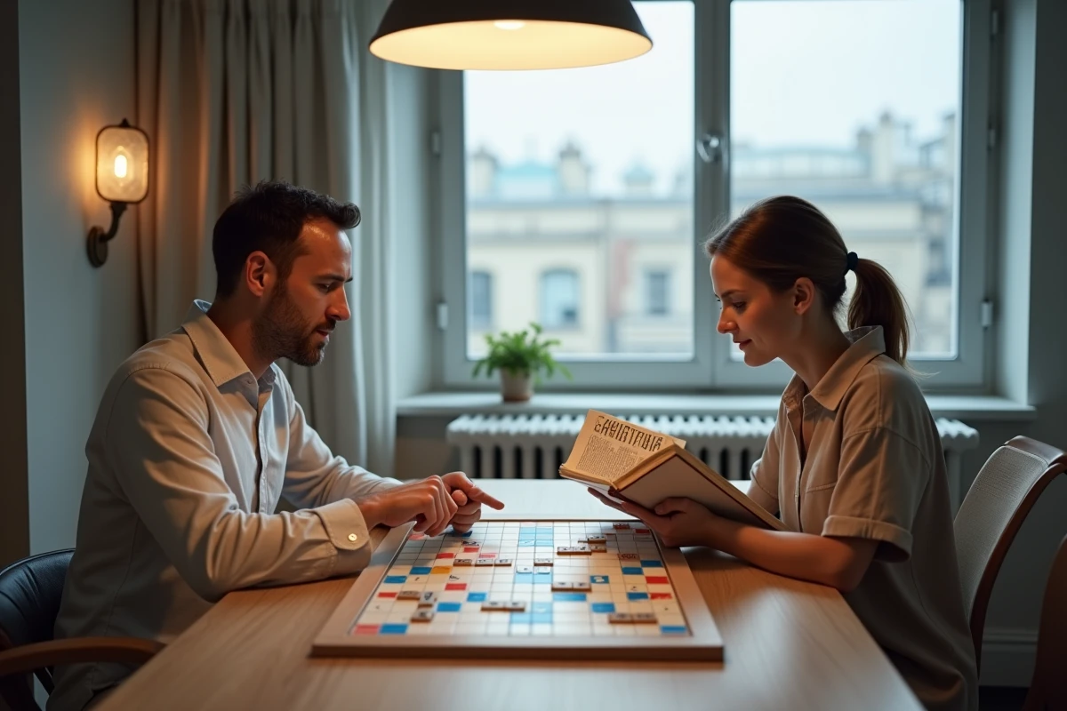 Deux joueurs en compétition de Scrabble consultant un dictionnaire pour valider une anagramme lors d'une partie