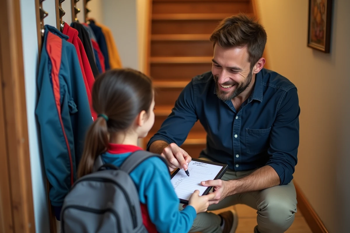 Père expliquant calmement le plan de la journée à son enfant devant la porte d'entrée lors d'une grève scolaire imprévue
