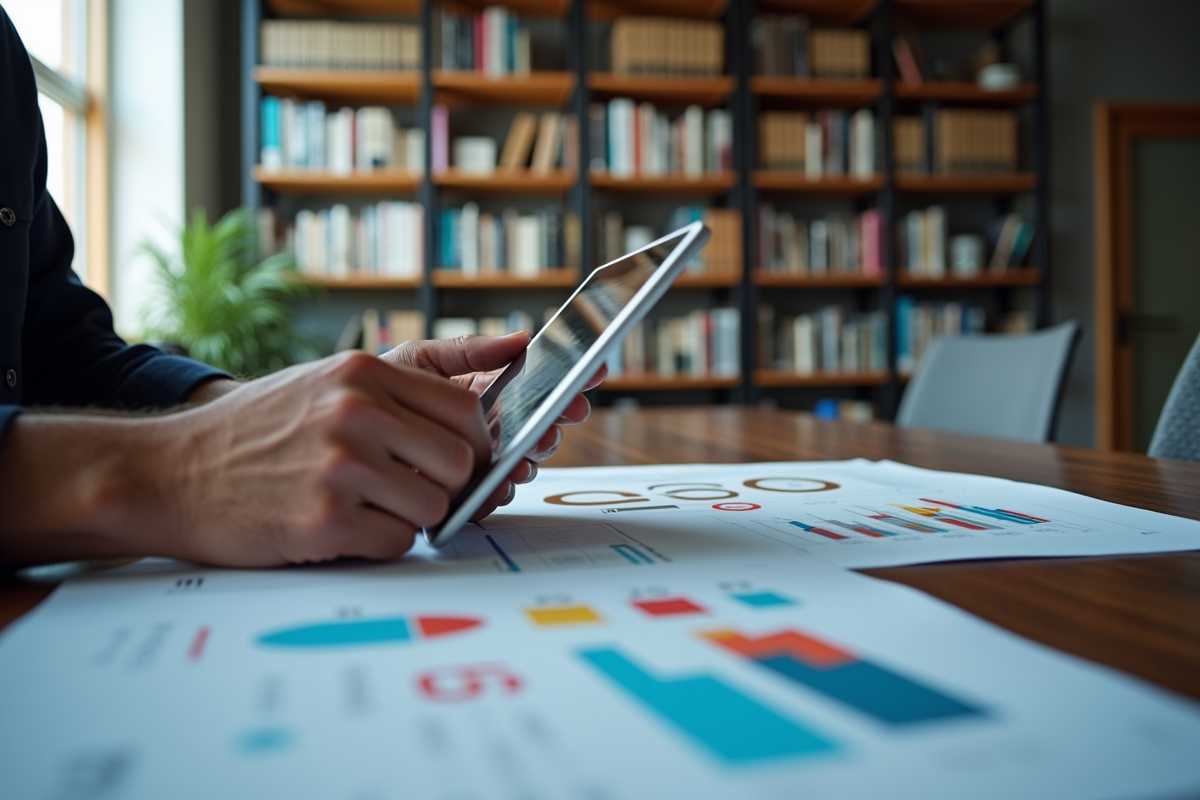 Personne utilisant une tablette avec graphiques de données colorés