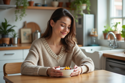 Femme souriante dégustant un bol de petit déjeuner maison