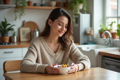 Femme souriante dégustant un bol de petit déjeuner maison
