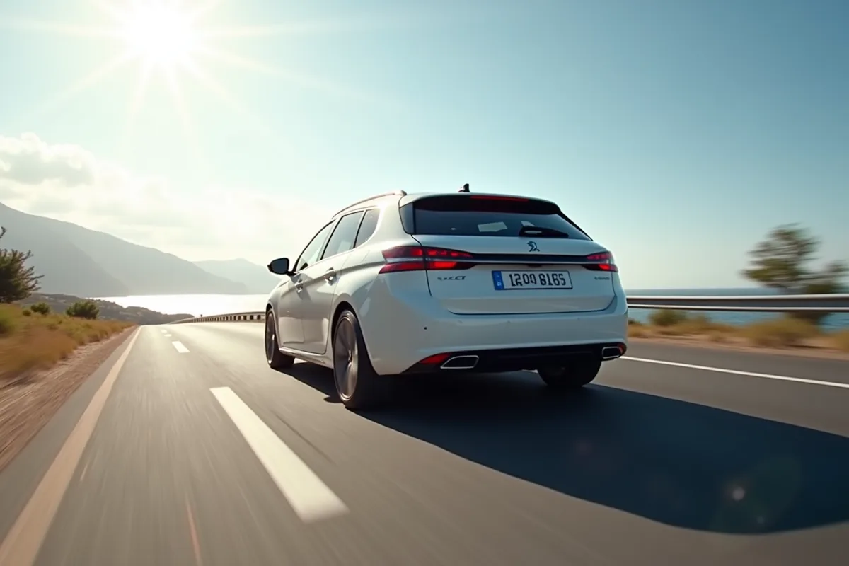 Peugeot 308 GT roulant sur une route côtière en journée ensoleillée