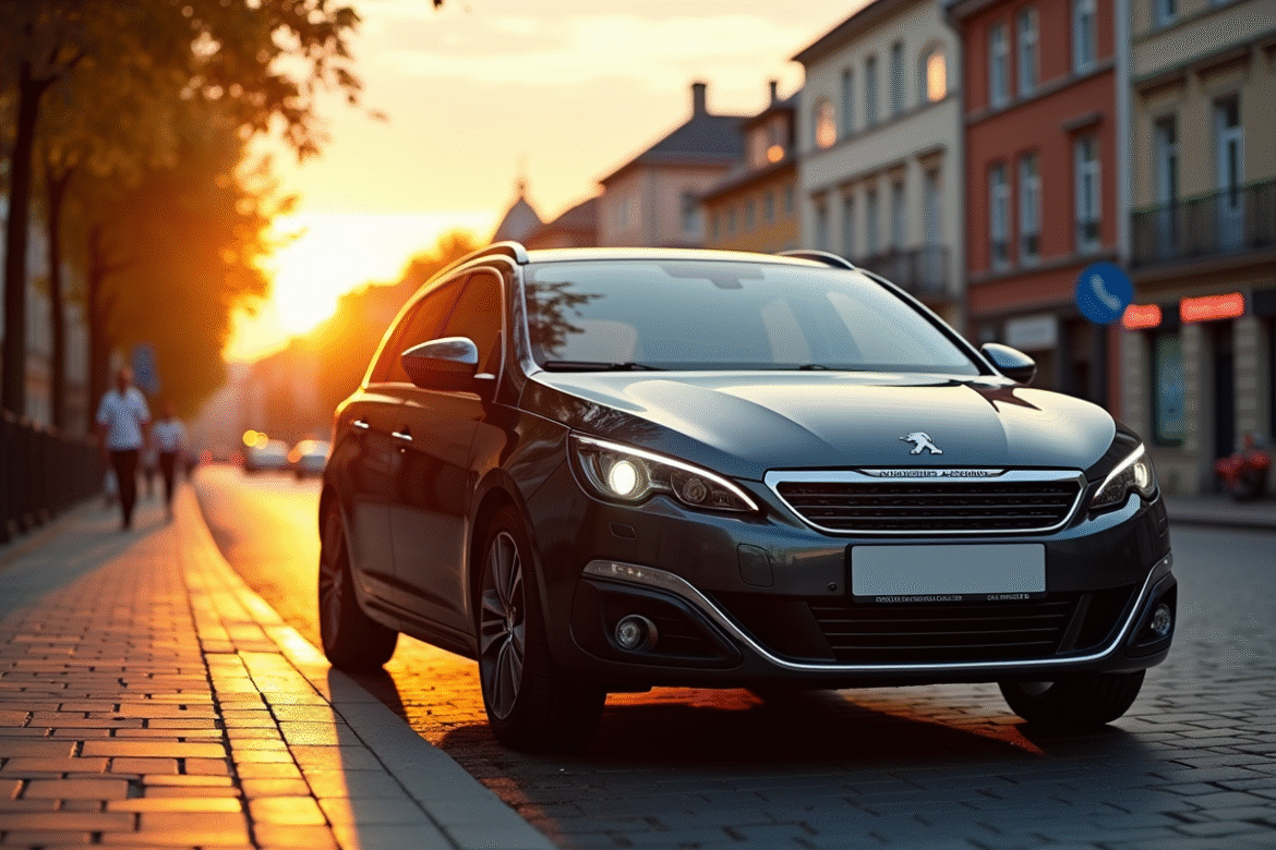 Peugeot 308 GT stationnée en ville au coucher du soleil