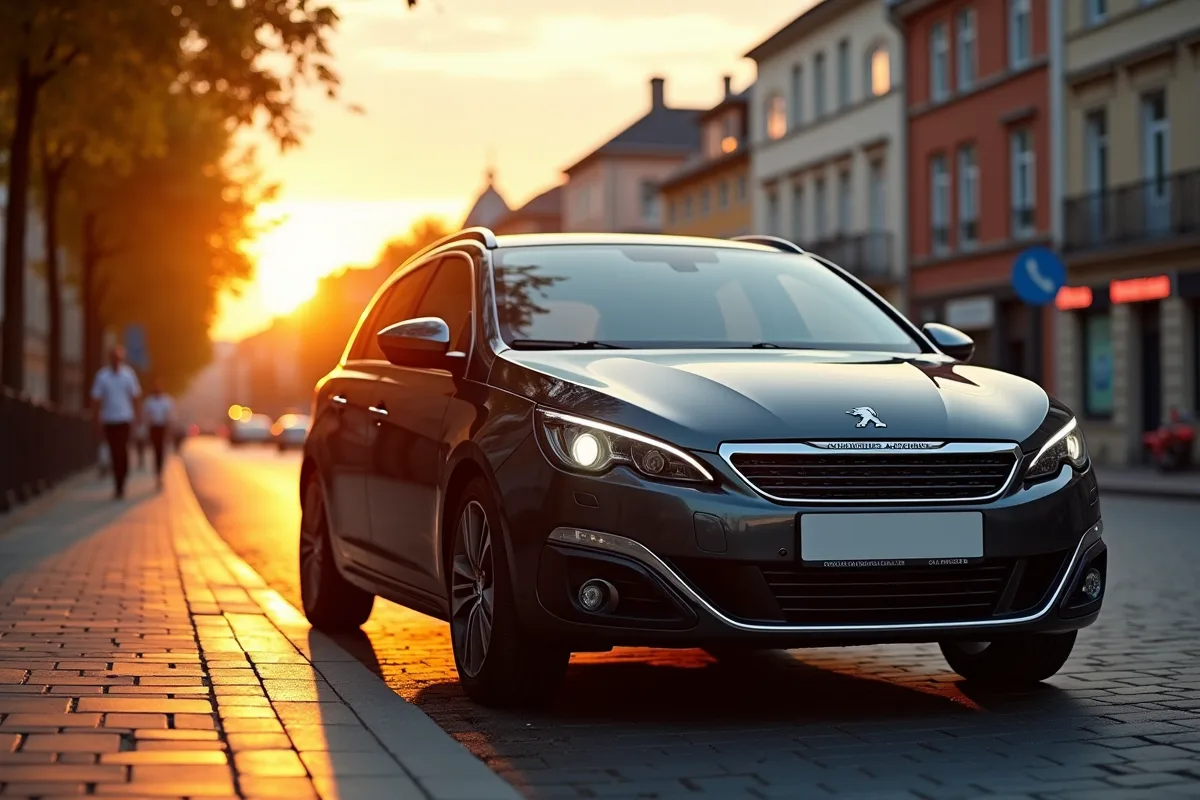 Peugeot 308 GT stationnée en ville au coucher du soleil