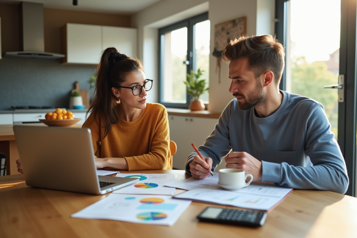 Jeune couple planifiant leur budget à la maison