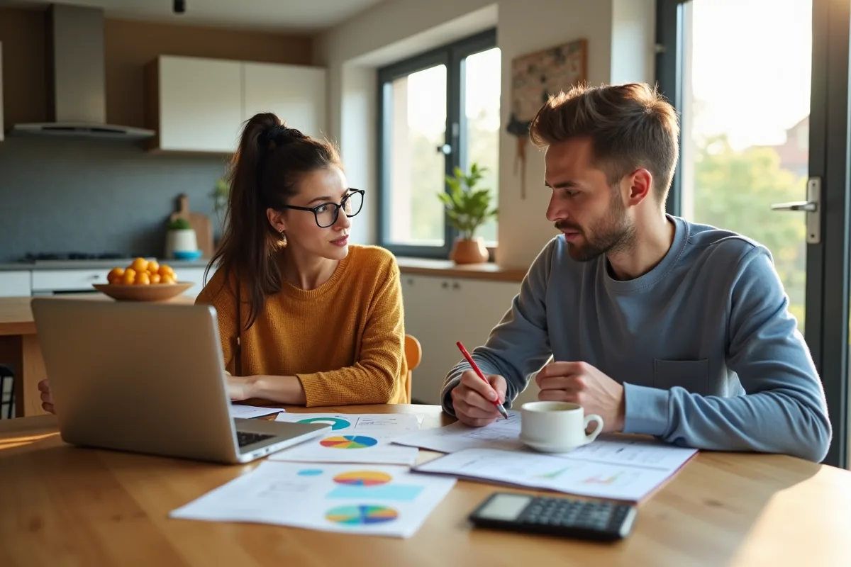 Jeune couple planifiant leur budget à la maison
