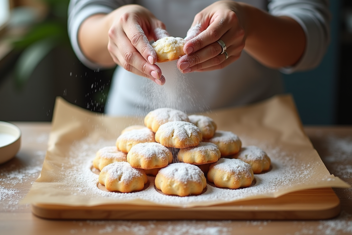 Main saupoudrant du sucre glace sur des biscuits ladyfinger