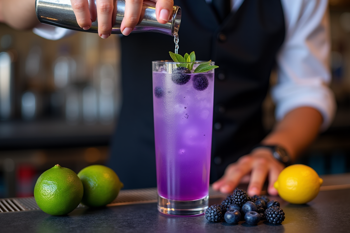 Mains du barman versant un cocktail violet au bar