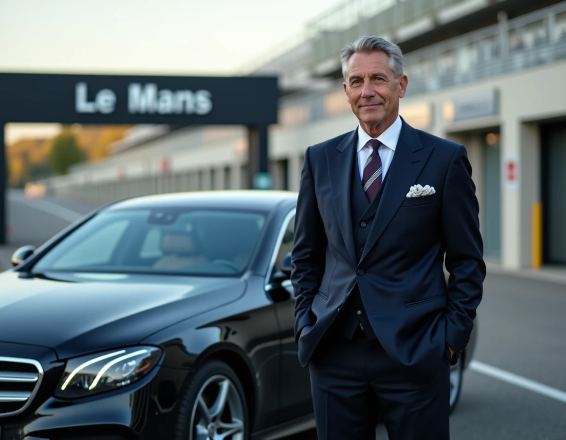 Chauffeur en costume marine debout près d'une Mercedes noire devant l'entrée du circuit du Mans en Sarthe