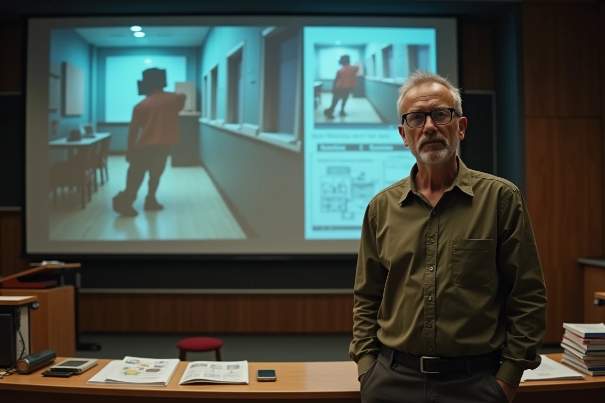 Professeur de cinéma expliquant les techniques de cadrage et de colorimétrie du Marvel Cinematic Universe dans un amphithéâtre universitaire