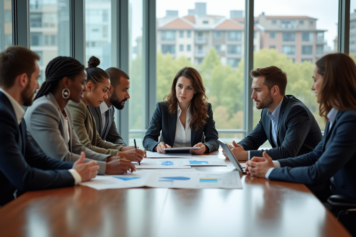 Groupe de professionnels en réunion sur la durabilite