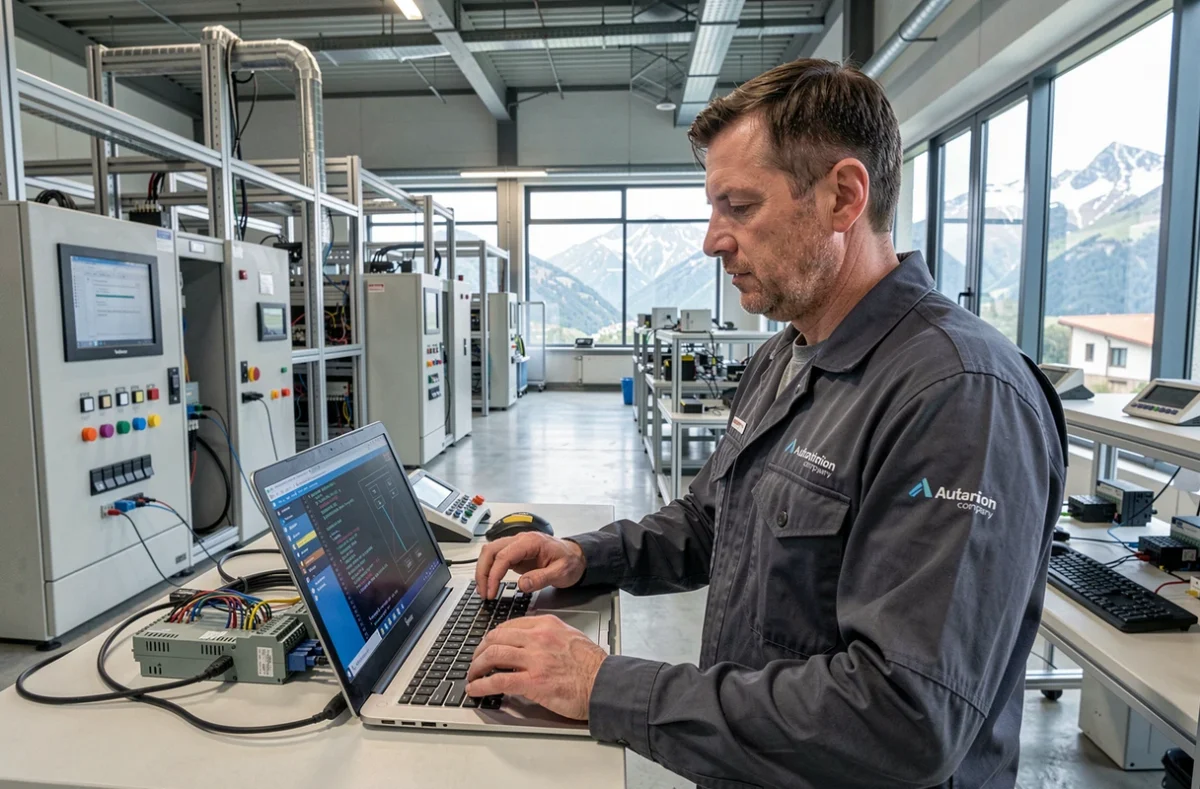 Technicien Pyrene Automation programmant un automate industriel dans une usine des Pyrénées