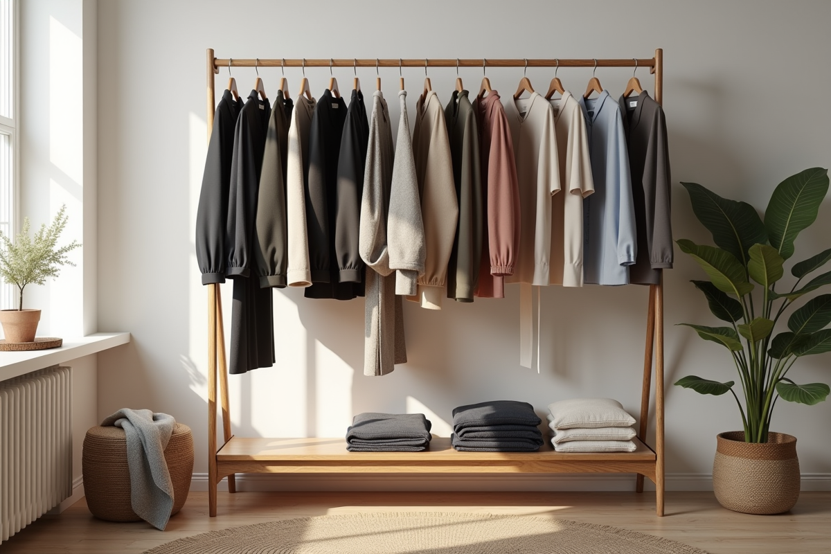 Etagère à vêtements dans une chambre lumineuse scandinave
