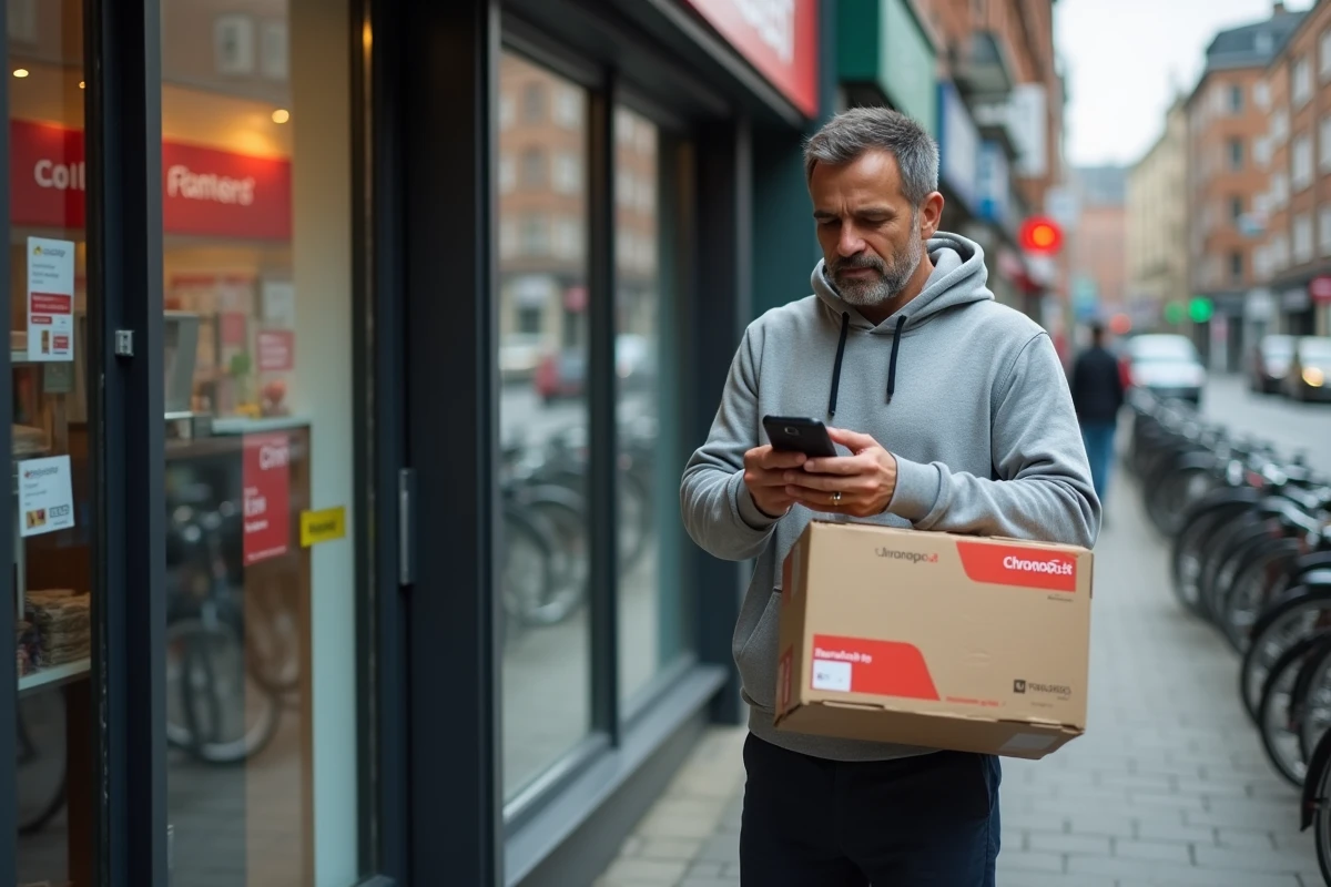 Homme cherchant un point de dépôt Chronopost sur son smartphone devant un commerce partenaire