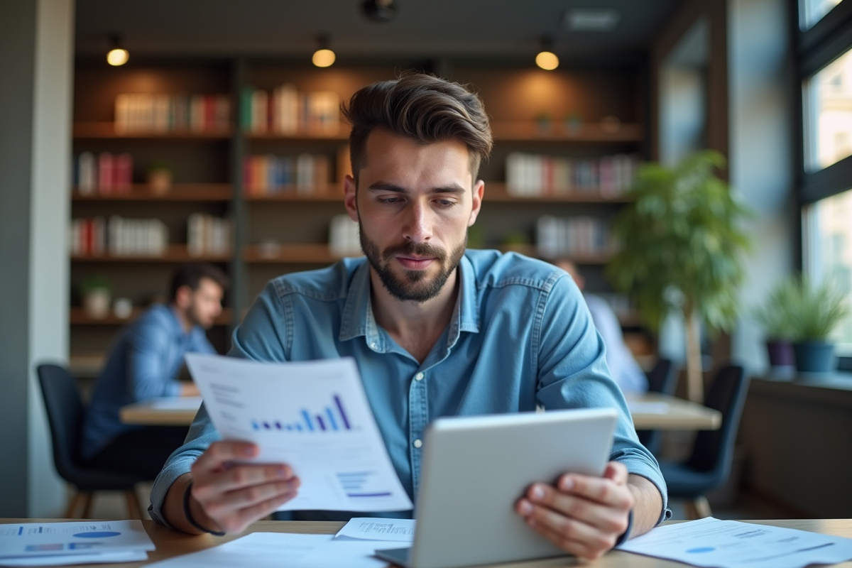 Jeune recruteur examinant un CV et une tablette
