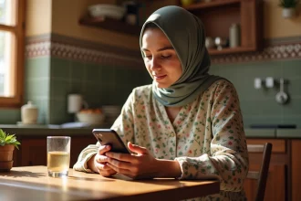 Jeune femme nord-africaine rédigeant un message de condoléances sur son smartphone dans un appartement au décor marocain chaleureux