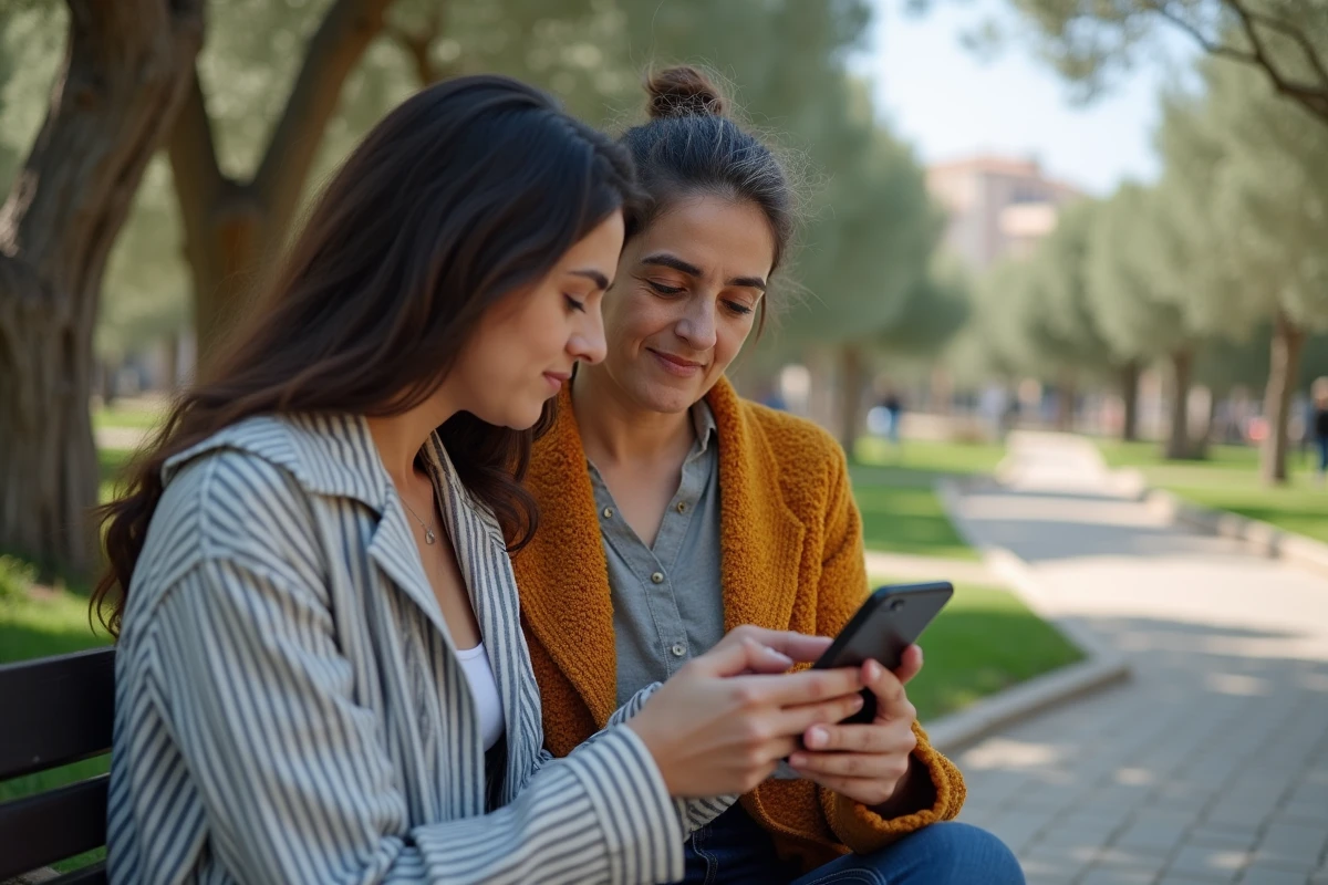 Deux femmes tunisiennes partageant un message de condoléances sur smartphone dans un parc méditerranéen, scène de soutien et de réconfort