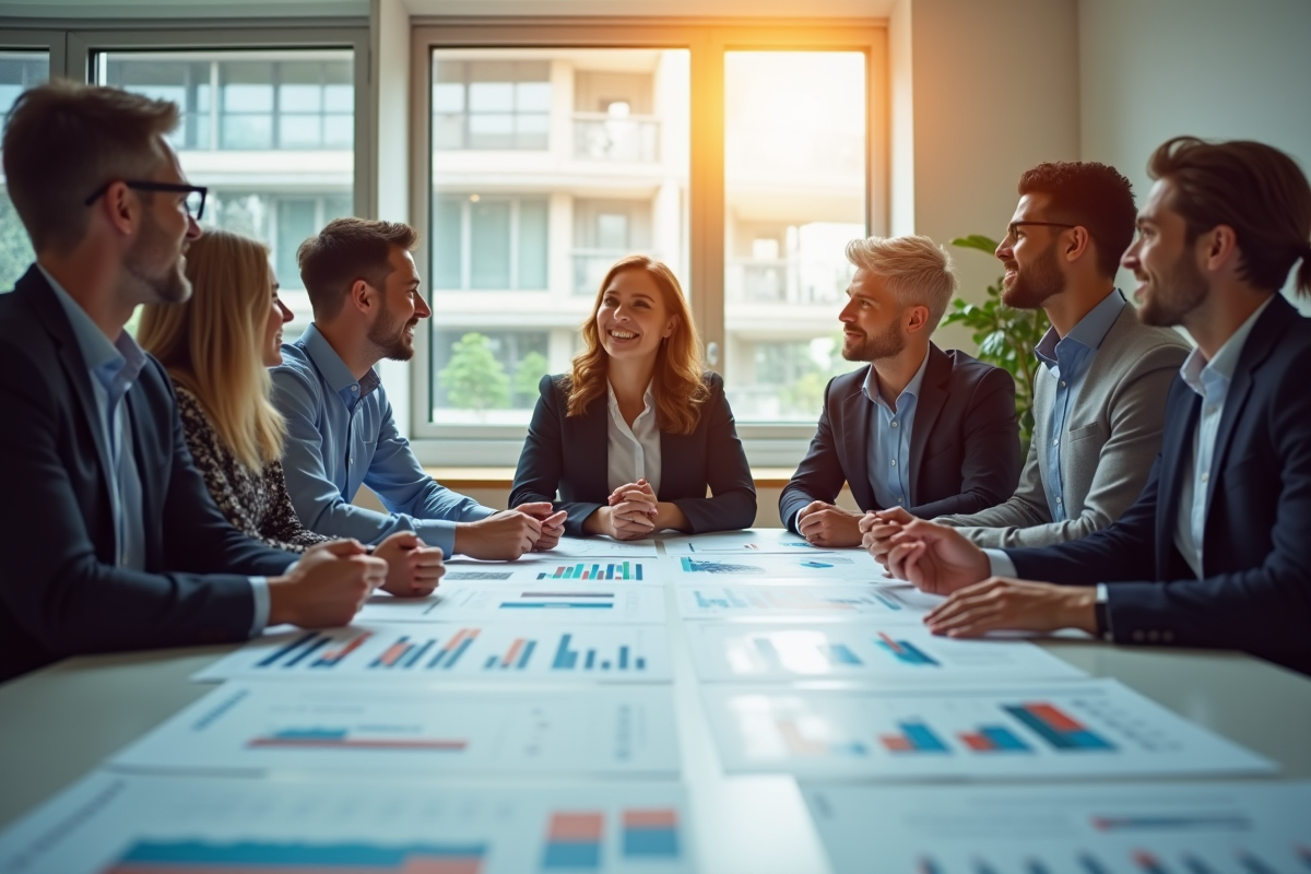 Professionnels de differentes generations discutant autour d un tableau