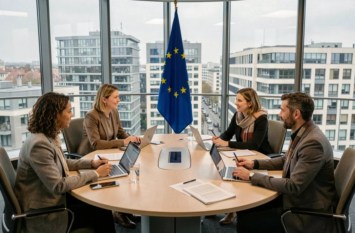 Groupe de représentants européens en réunion autour d'une table avec le drapeau de l'Union européenne en arrière-plan, illustrant le débat sur l'élargissement et les douze étoiles