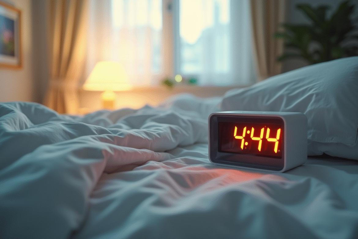 Réveil numérique affichant 4h44 au matin dans une chambre lumineuse