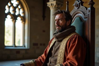 Seigneur médiéval assis sur un trône dans une salle sombre