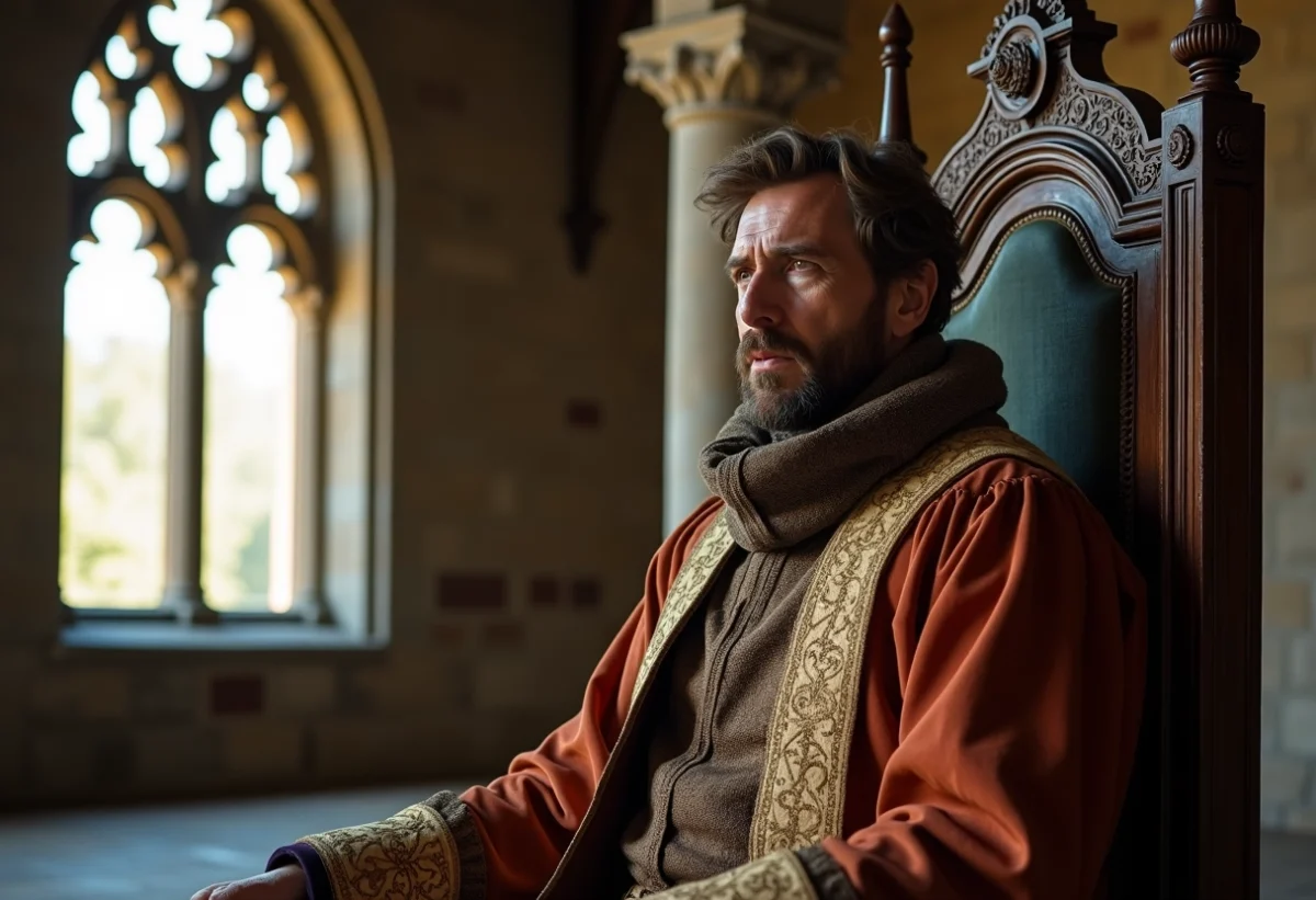 Seigneur médiéval assis sur un trône dans une salle sombre