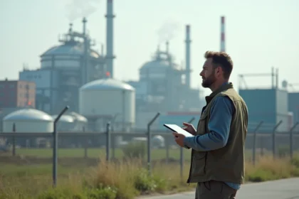 Scientiste environnemental observant une usine chimique en extérieur