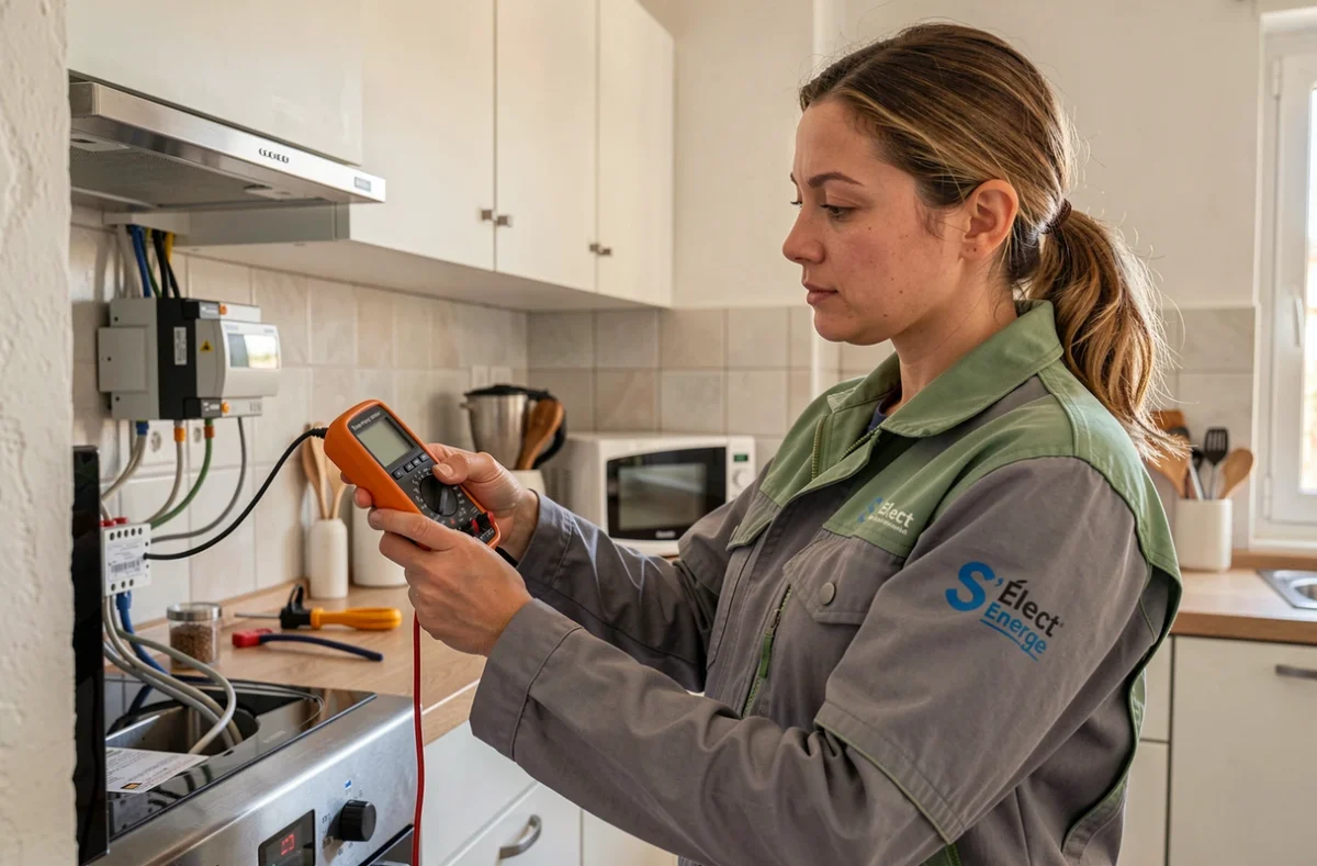Électricienne de S'Élect Énergie utilisant un multimètre lors d'une inspection électrique résidentielle