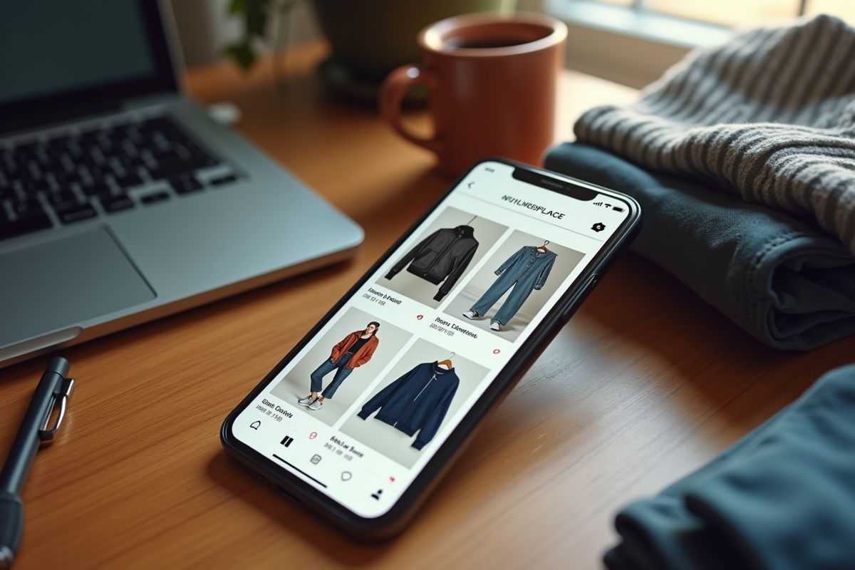 Smartphone affichant une application de vente de vêtements d