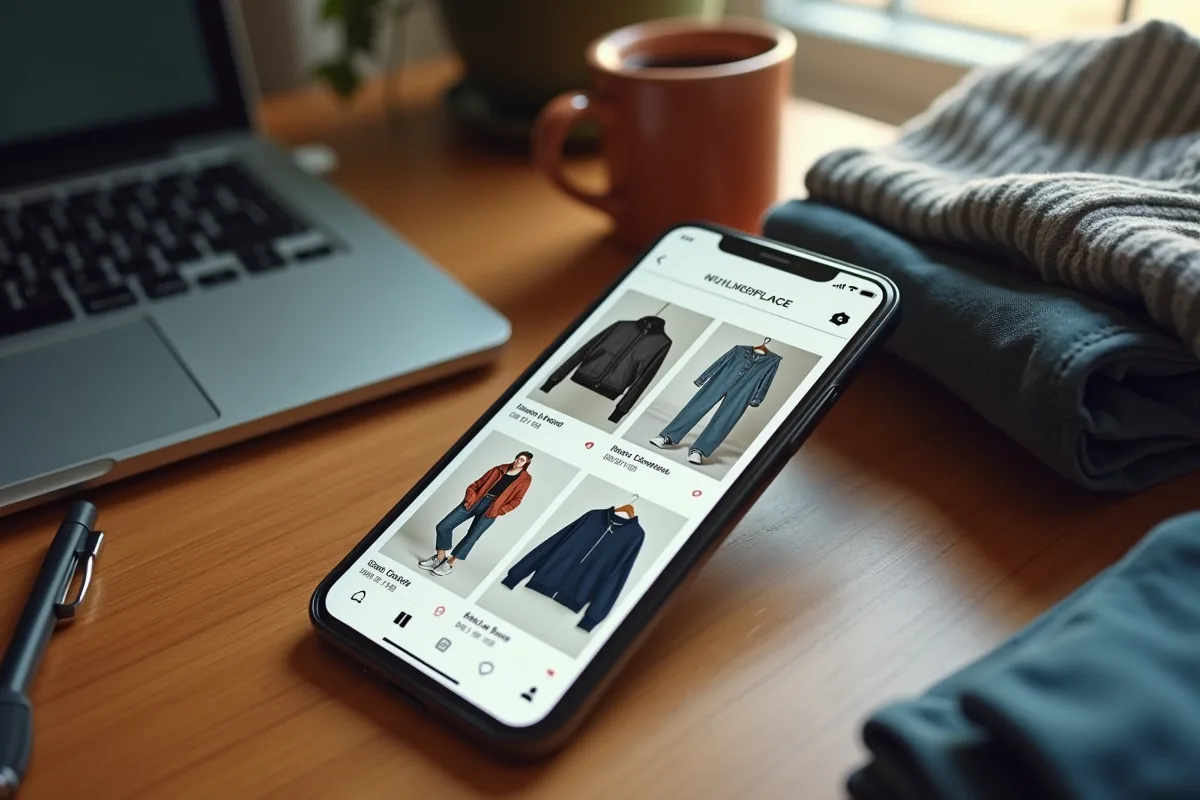 Smartphone affichant une application de vente de vêtements d