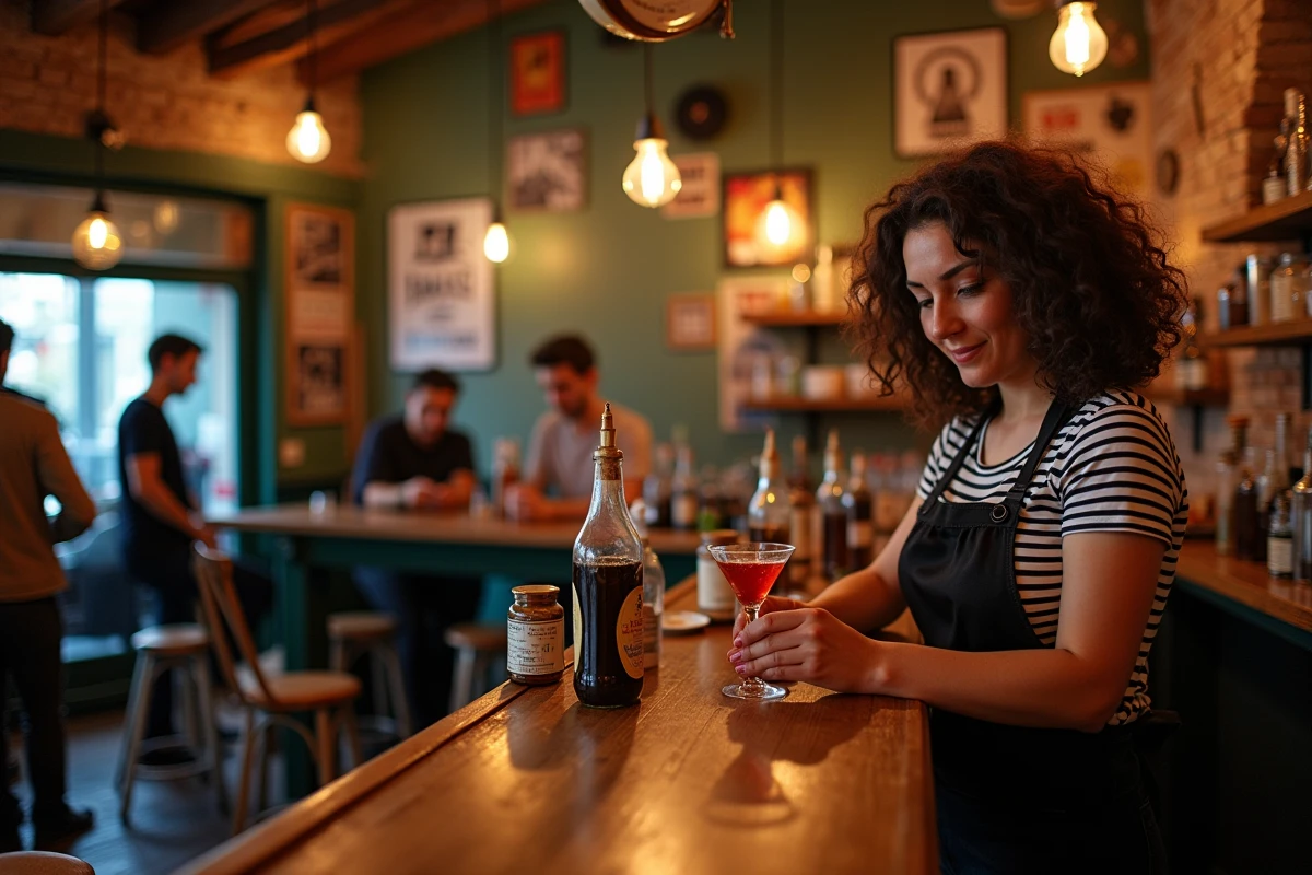 Intérieur d'un bar de musique live du quartier Cours Julien à Marseille avec une barmaid préparant des cocktails