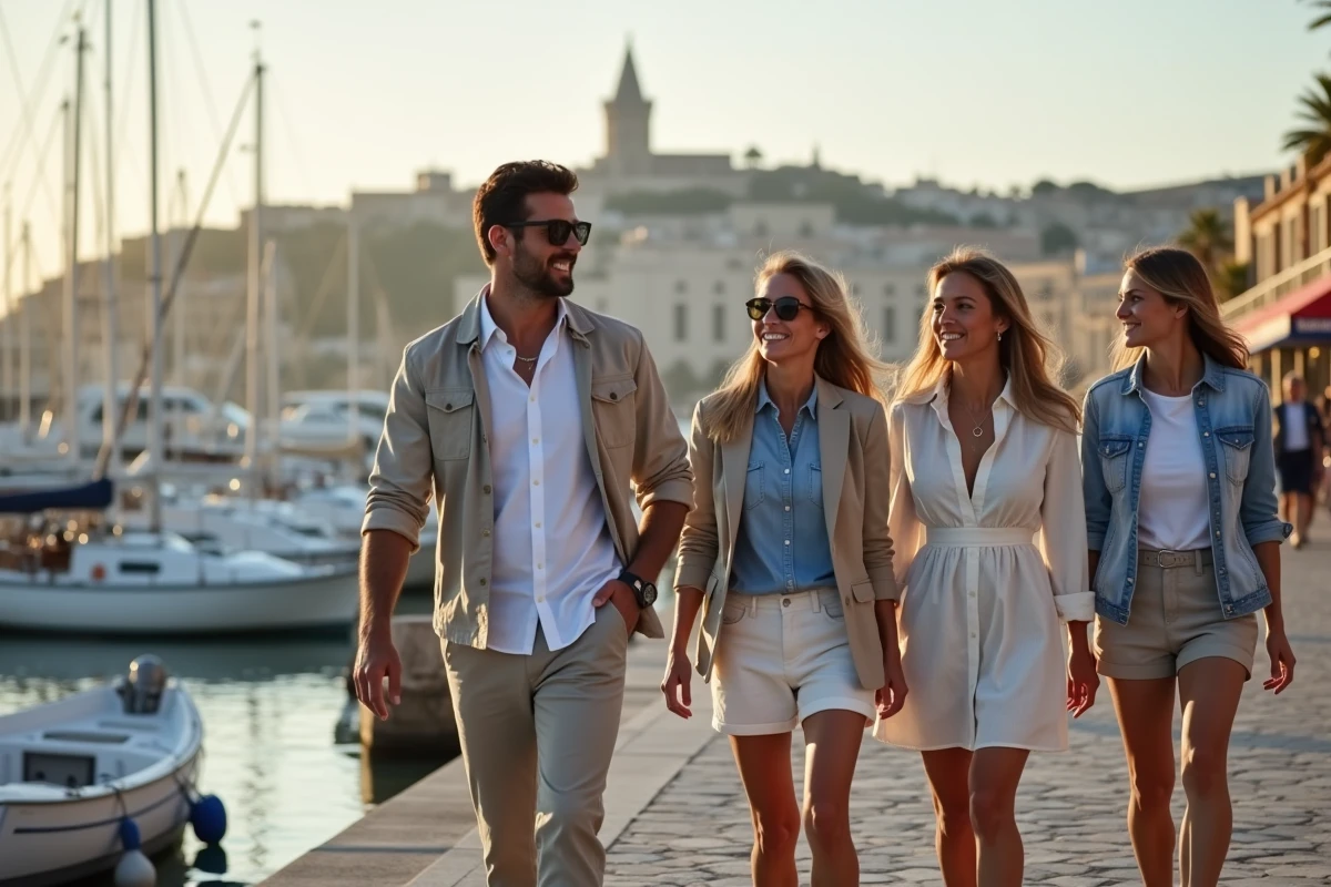 Groupe d'amis se promenant le long du Vieux-Port de Marseille lors d'une soirée conviviale et sans souci