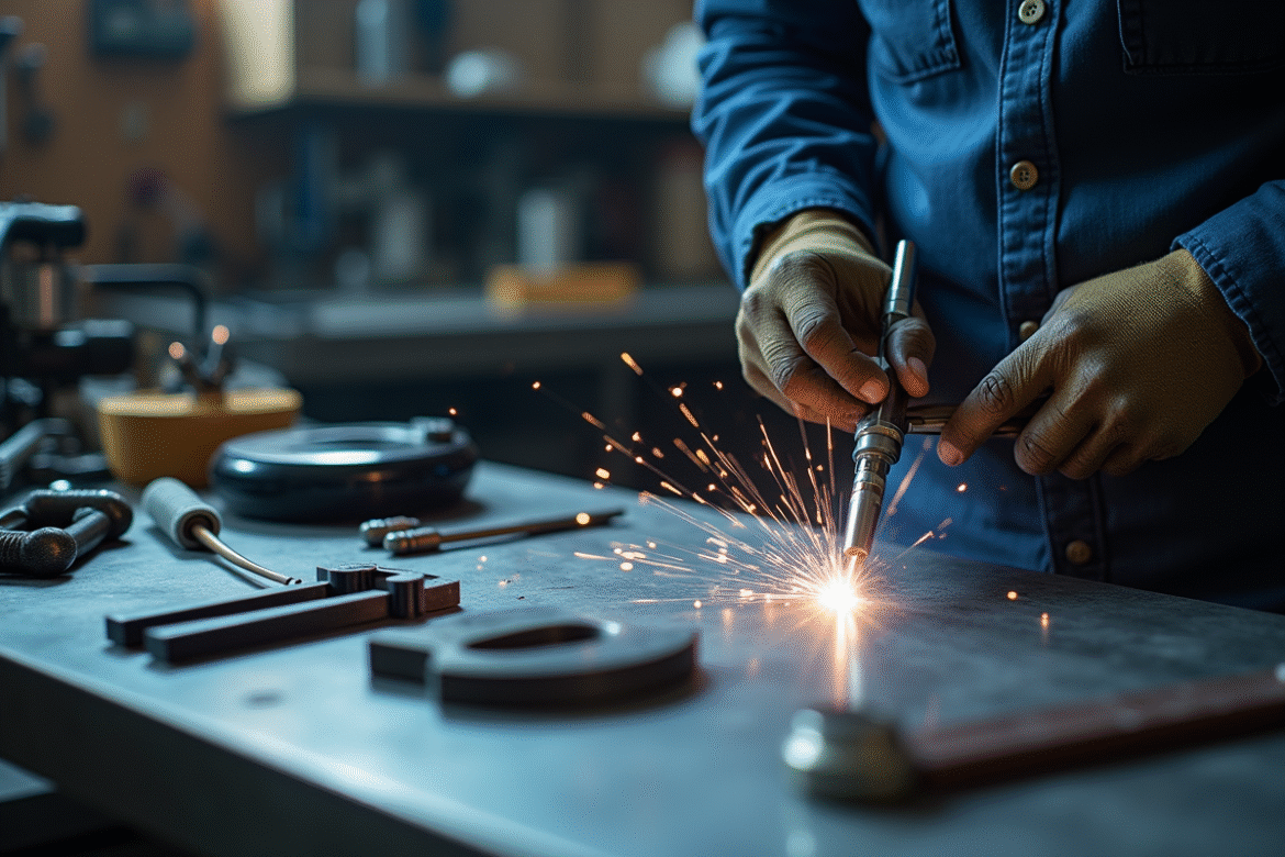 Mains d'un soudeur utilisant une torche de haute précision avec accessoires modernes