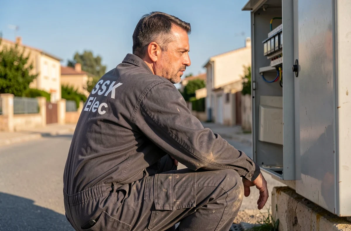 Électricien SSK Elec intervenant sur un coffret électrique extérieur dans une rue résidentielle en Occitanie