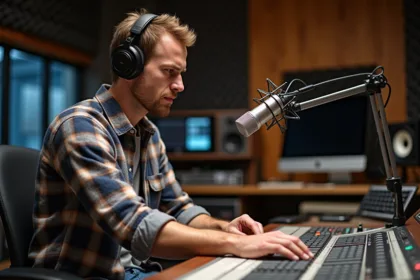 Ingénieur du son en studio ajustant un microphone professionnel