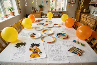 Table d'anniversaire décorée avec des dessins à colorier Dragon Ball Z, ballons jaunes et orange, crayons et assiettes de fête sur nappe blanche