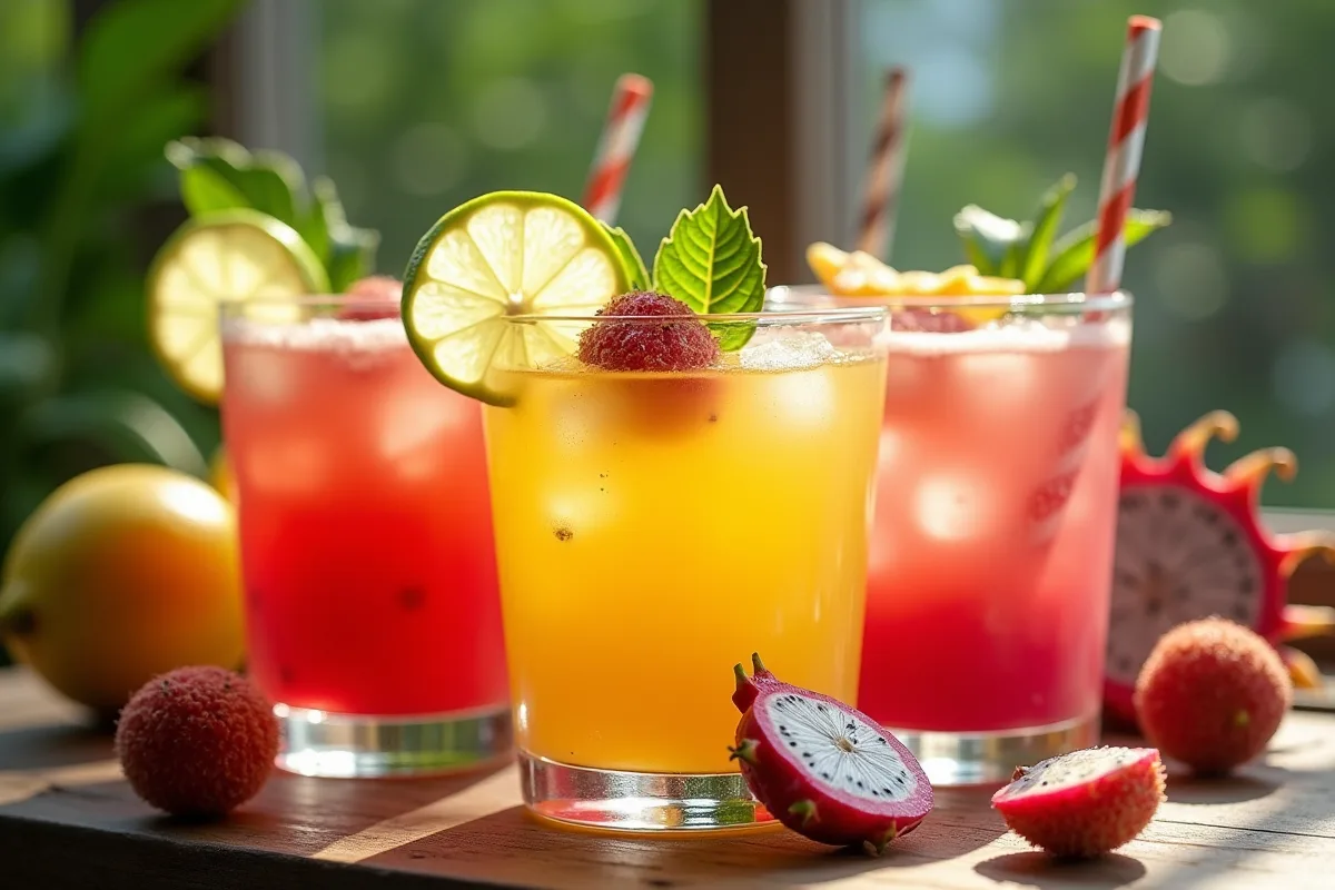 Table en bois avec cocktails aux fruits colorés