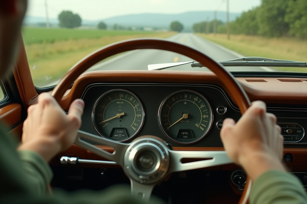 Tableau de bord vintage avec compteur kilométrique en miles et kilomètres dans une voiture classique