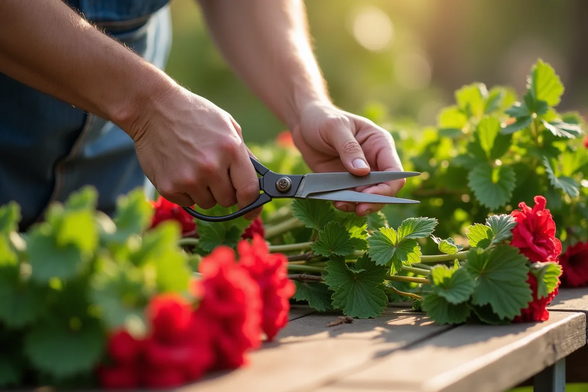 Mains de jardinier coupant des geraniums avec des ciseaux
