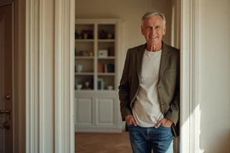 Homme de grande taille debout près d'un encadrement de porte dans un appartement parisien, illustrant la mesure de la taille de Vincent Lagaf