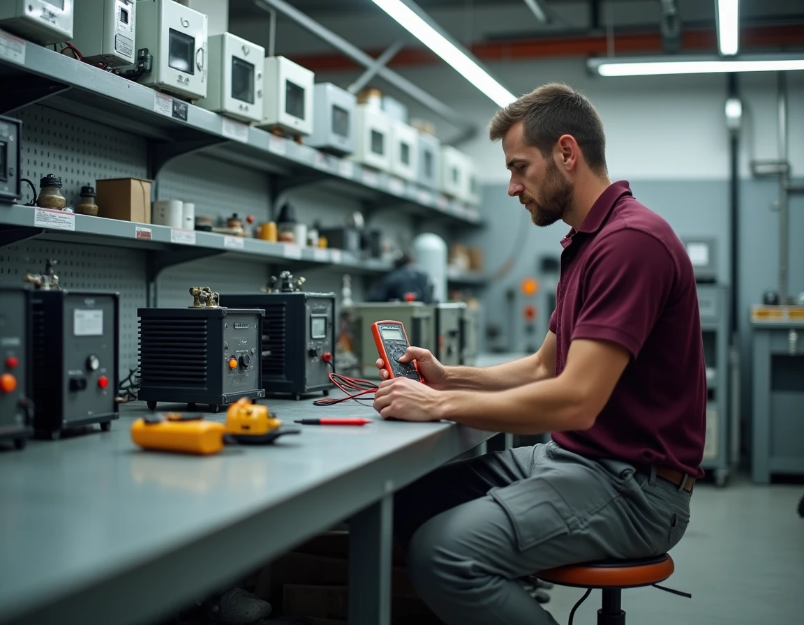 Technicien testant un transformateur abaisseur 380V vers 220V dans un atelier électrique professionnel avec étagères de stockage