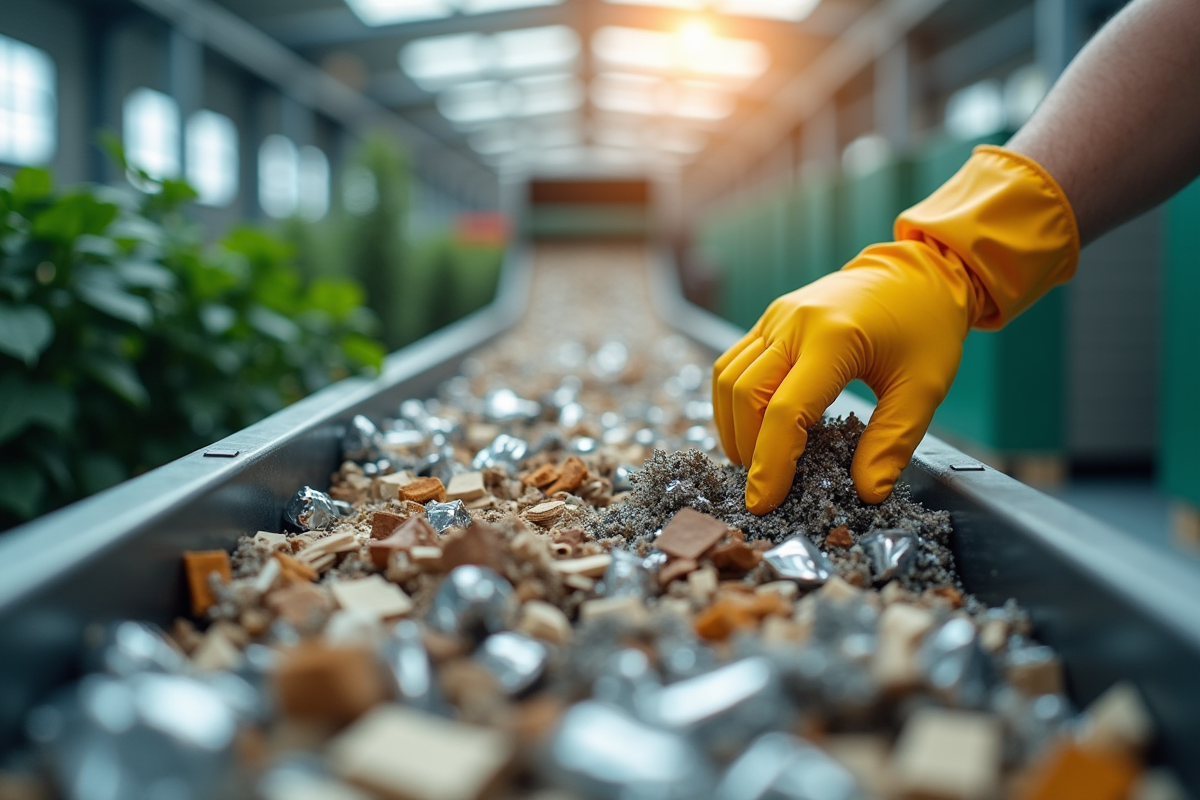 Main gantée triant des matériaux recyclables sur un tapis roulant dans une usine