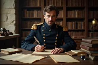 Homme en uniforme militaire napoléonien écrivant une lettre à la plume sur un bureau d'époque avec parchemin et cachet de cire